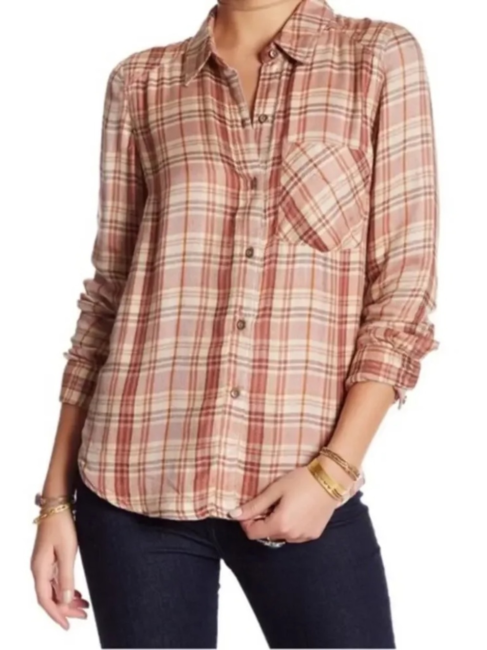 Free People Joplin Dusty Rose Plaid Flannel Button Down Shirt M